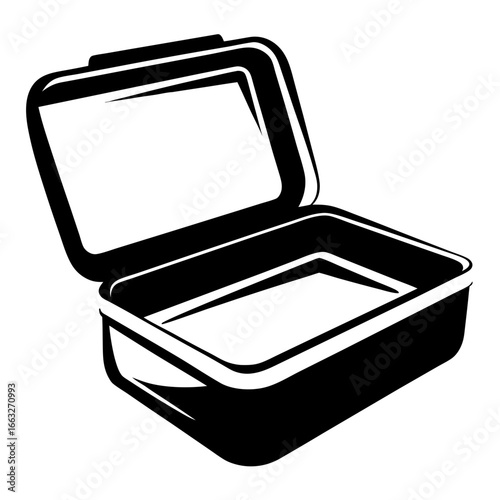 Open black and white lunch box container vector graphic illustration design