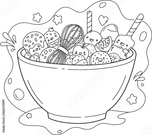 Whimsical Dessert Bowl Line Art for Coloring Books and Sweet Tre