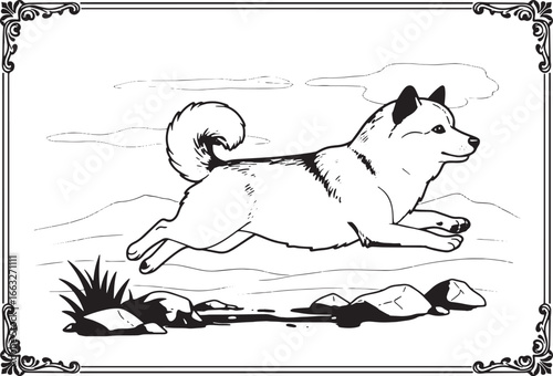 Animated shiba inu leaping over rocks within decorative frame il