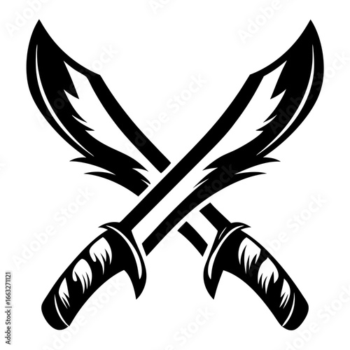 Illustration of Two Crossed Machetes with Ornate Handles and Sharp Blades