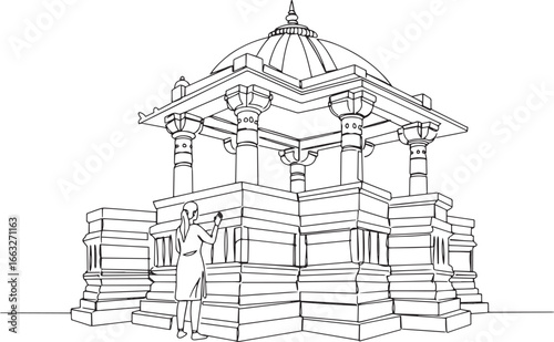 A serene line art illustration depicting a historical architectu