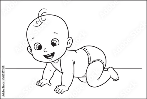 Adorable baby crawling in black and white outline vector illustr