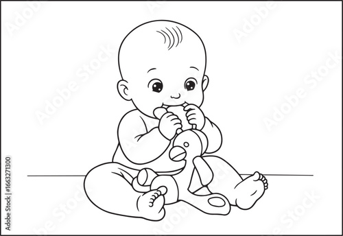 Charming outline image depicting a playful baby chewing on a toy