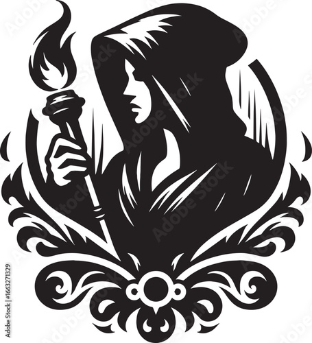 Mysterious figure holding a torch in a cloak, black and white illustration logo art