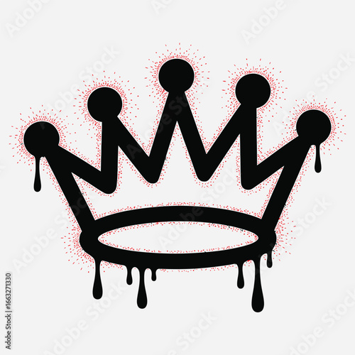 A stylized black graffiti crown with dripping paint and a red stippled spray effect, isolated vector illustration of urban street art