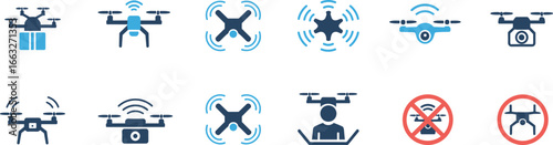 Drone icons collection, quadcopter delivery, WiFi signal drone, camera drone, pilot control, no drone zone, aerial photography, technology illustration