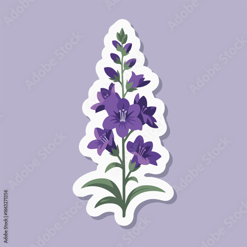 A vibrant purple flower sticker with delicate petals and lush green leaves, perfect for adding a touch of natural beauty to any surface isolated on white background