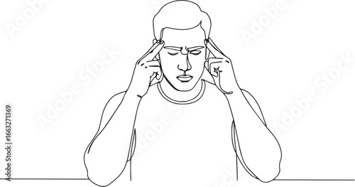 Single line drawing of a man suffering from headache or thinking