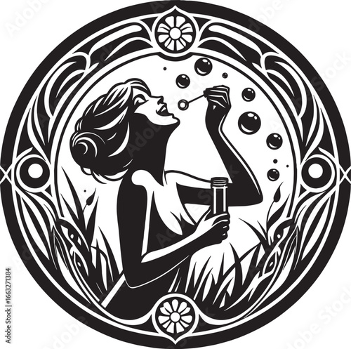 Artistic black and white illustration of a woman blowing bubbles in an ornamental circular frame