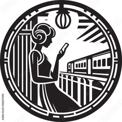 Illustration of a woman looking at her phone on a train platform in a vintage style