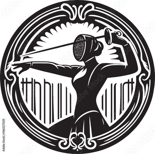Elegant Black and White Silhouette of a Fencer in Action, Inside a Circular Frame