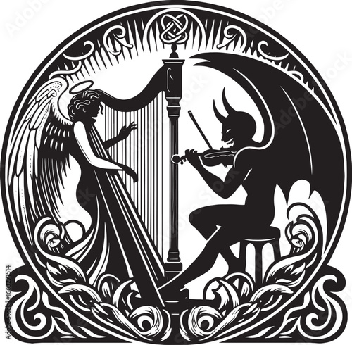 Symbolic depiction of an angel playing a harp alongside a devil playing a violin
