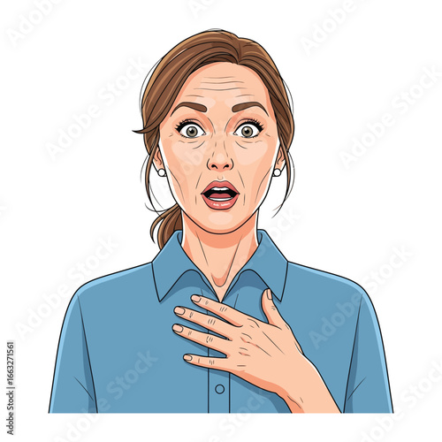 Shocked Expression: Illustration of a woman in her mid-years, with wide eyes and a hand over her chest, conveys surprise and disbelief. Depicting vulnerability and a raw, candid moment.