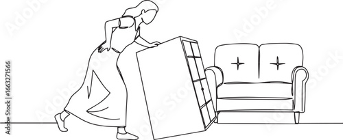 Single line drawing of a woman struggling with heavy furniture r