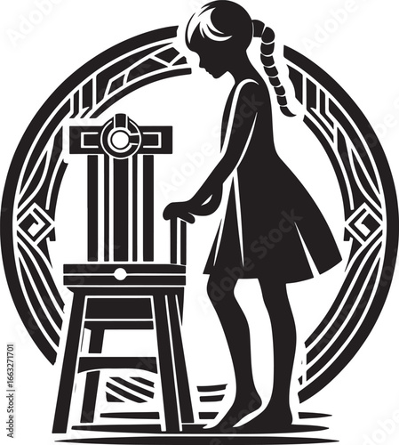 Silhouette of a girl standing near a chair within a decorative circular frame design