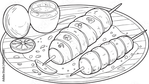 Delicious octopus skewers with garnish lemon illustration culina