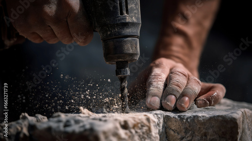 Close up hands of professional worker using a power hammer to drill a hole in a stone