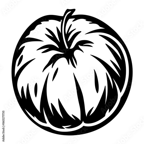 Stylized black and white illustration of a pumpkin or squash like vegetable