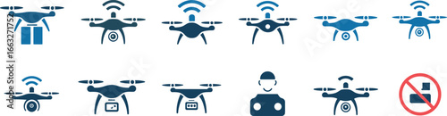 Drone icon set, delivery quadcopter, WiFi signal drone, camera drone, battery drone, pilot controller, aerial photography, no drone zone illustration