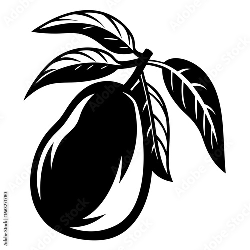 Monochrome mango fruit with detailed leaves for various graphic uses