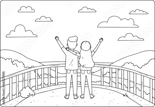 Line art illustration of a couple enjoying a scenic view from a