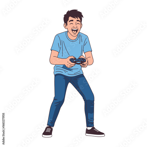 Joyful Gamer: A young man fully immersed in the virtual world, radiating glee as he grips a game controller. his excitement is a testament to the pure joy found in gaming.