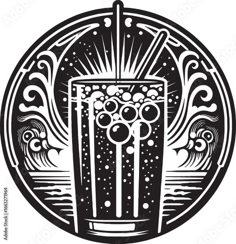 Black and White Artistic Illustration of a Refreshing Drink with Bubbles and a Straw in a Circular
