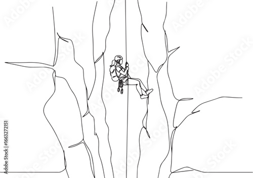 One-Line Art: A woman in action, defying gravity while rappellin