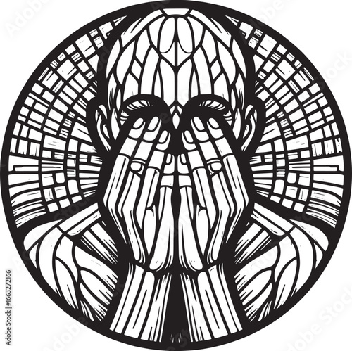 Intricate black and white illustration depicting a person covering their face within a circular