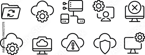 Cloud computing icons, data storage, server management, synchronization, network security, system settings, access error, backup protection, IT solutions, outline vector illustration