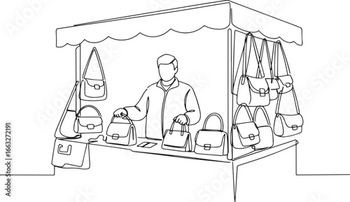 Continuous Line Drawing of a Man Selling Handbags at a Market St