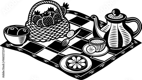 Black and white picnic illustration with tea set, fruit basket, and lemon tart vector graphic design