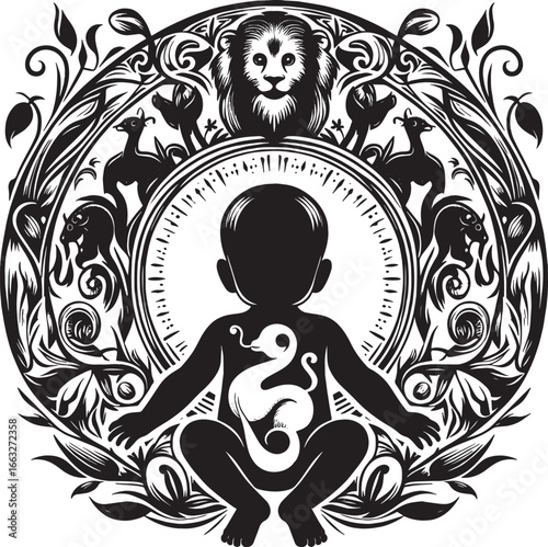 Intricate monochrome illustration of a baby surrounded by symbolic animals and a lion