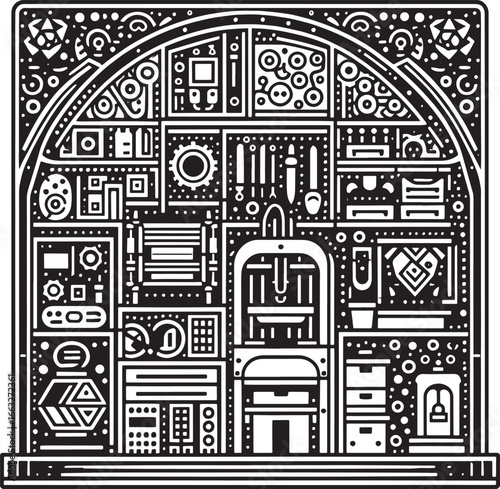 Art Deco Cleaning Lady with Broom Silhouette next to an Ornate Decorative Architectural Column