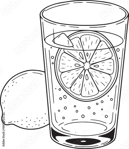 Monochrome illustration of lemon detox water with ice and whole