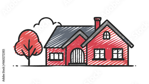 Cute red house drawing with tree and cloud illustration for real estate and home design projects style vector