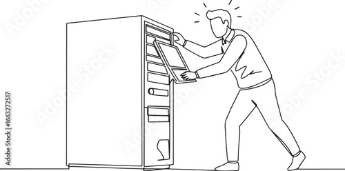 A line drawing of a man rebooting a server in a data center envi