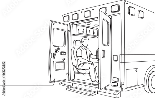 Stylized ambulance illustration with a paramedic seated inside,