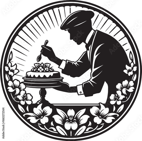 Elegant black and white vintage style illustration of a chef decorating a cake for a pastry shop
