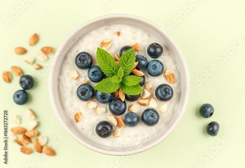 Creamy oatmeal topped with blueberries, fresh mint, and crunchy almond petals in a bowl, light green background,  petals,   food photography