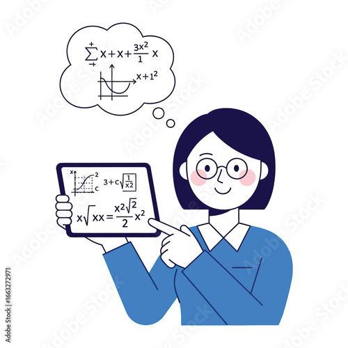 Teacher with Math equations: A teacher enthusiastically presents mathematical equations on a tablet, visualizing complex concepts within a thought bubble, highlighting the passion for education.