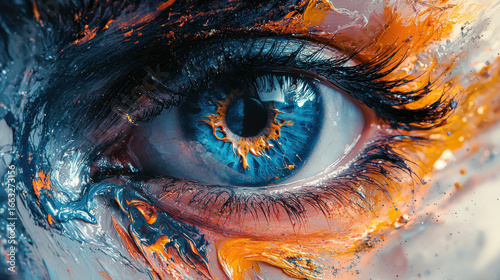 A vibrant canvas of digital art unfolds as a human eye peers into a close-up of generative AI's creation, where splashes of vibrant paint, ink drips, and swirling abstract forms dance across 
