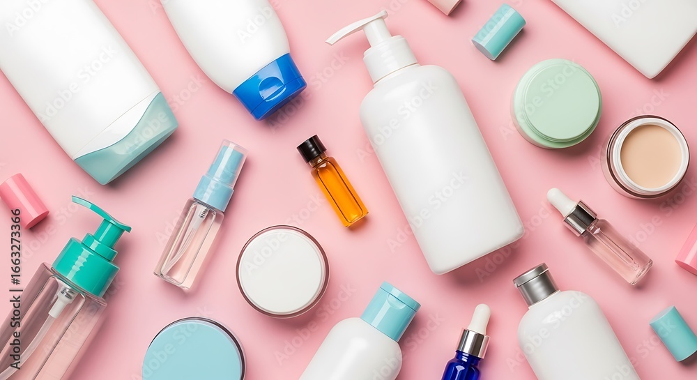 Obraz premium Overhead shot of assorted beauty and skincare products on a pink background flatlay on transparent background