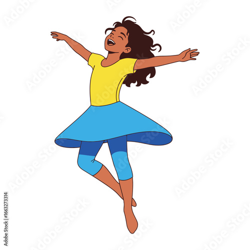 Joyful Dance: A cheerful young girl dances with uninhibited freedom. Expressing vibrant movement and unbridled joy.