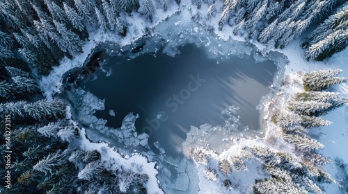 Wide aerial shot of frozen lake surrounded by snow-covered pine trees, icy surface reflecting soft winter daylight