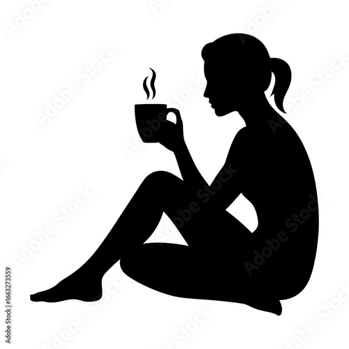black and white silhouette of a person sitting with a cup of coffee enjoying a moment of relaxation