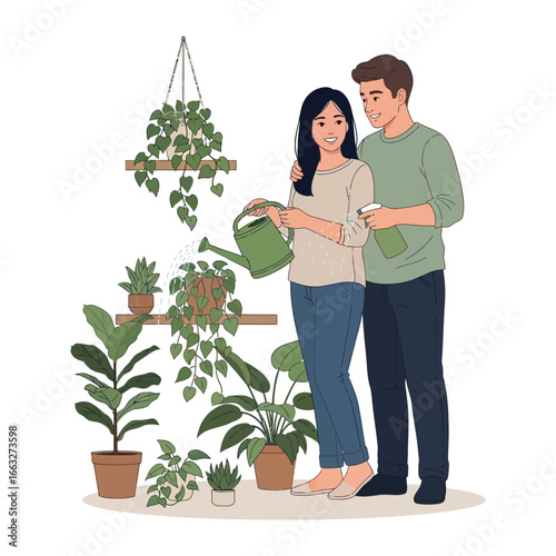 Cultivating Bonds: A young couple finds joy in nurturing their indoor plant collection, watering and caring for lush greenery in a light-filled interior scene.