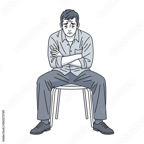 Weariness Embodied: A lone man, etched in grayscale, sits slumped on a chair, arms crossed, embodying the weight of despondency in a stark yet impactful depiction of the human experience.