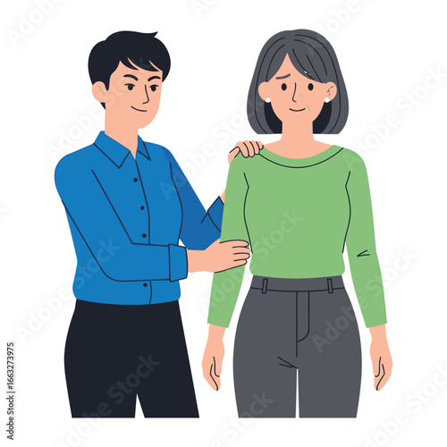 Shoulder of Support: A tender moment unfolds as one person offers a shoulder of comfort to another, the embrace conveying empathy and solidarity through illustration.