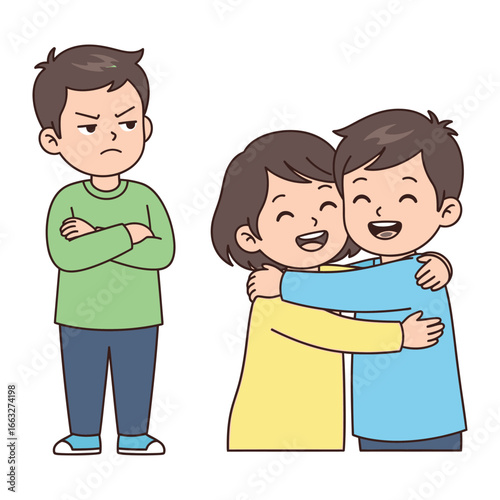 Envy and Affection: An illustrative depiction of a man feeling envy towards a happy couple hugging each other. 